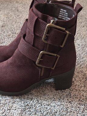 Women's Burgundy Suede Buckle Ankle Boots